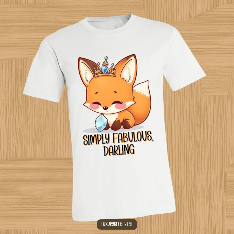 Funny T-Shirt depicting a cheerful fox wearing a tiny, sparkly tiara, captivated by a beautiful jewel.