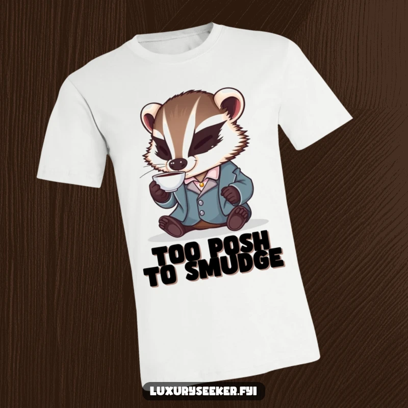 Funny t-shirt with a distinguished badger in a silk smoking jacket, elegantly sipping tea from a miniature cup, showcasing witty style.