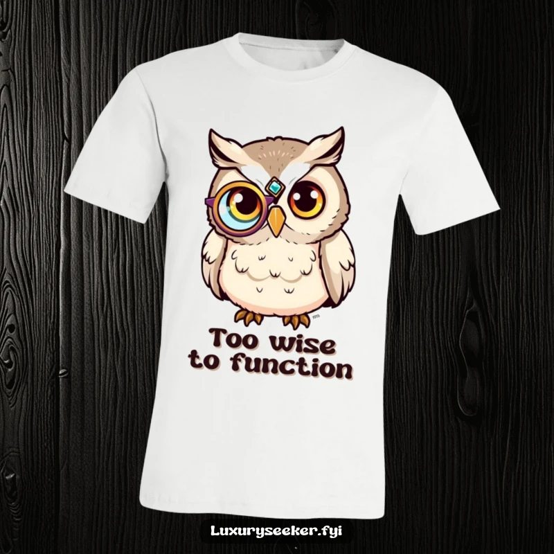 Funny T-Shirt: A sophisticated owl wearing a jeweled monocle looks content, representing humorous wisdom and intellect.