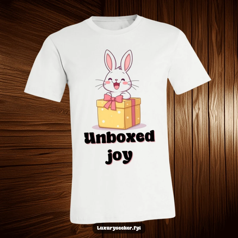 Funny T-Shirt: A happy rabbit is depicted joyfully and excitedly opening a perfectly wrapped gift box, capturing the thrill of unwrapping.
