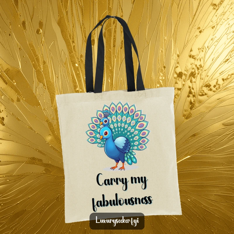 Funny Peacock Tote Bag featuring a proud bird fanning its gem-adorned tail, perfect for carrying essentials with style and humor.