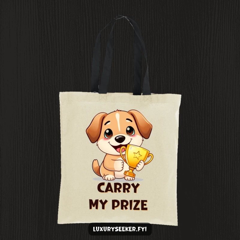 Funny Tote Bag: A proud dog holds a golden trophy with a wide smile, perfect for carrying items with a touch of triumphant canine spirit.
