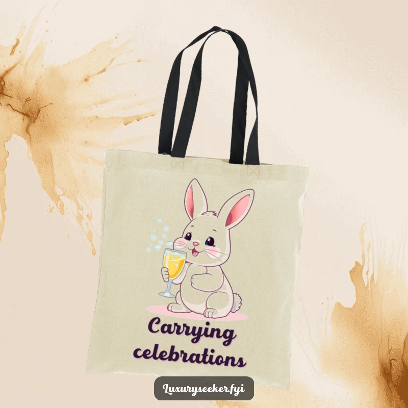 Funny tote bag: A cheerful bunny holding a small champagne flute with abundant bubbles, great for carrying party essentials.