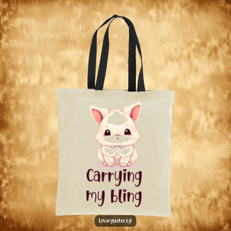 Funny fluffy bunny with a shimmering pearl necklace on a tote bag, conveying chic style, a funny gift.