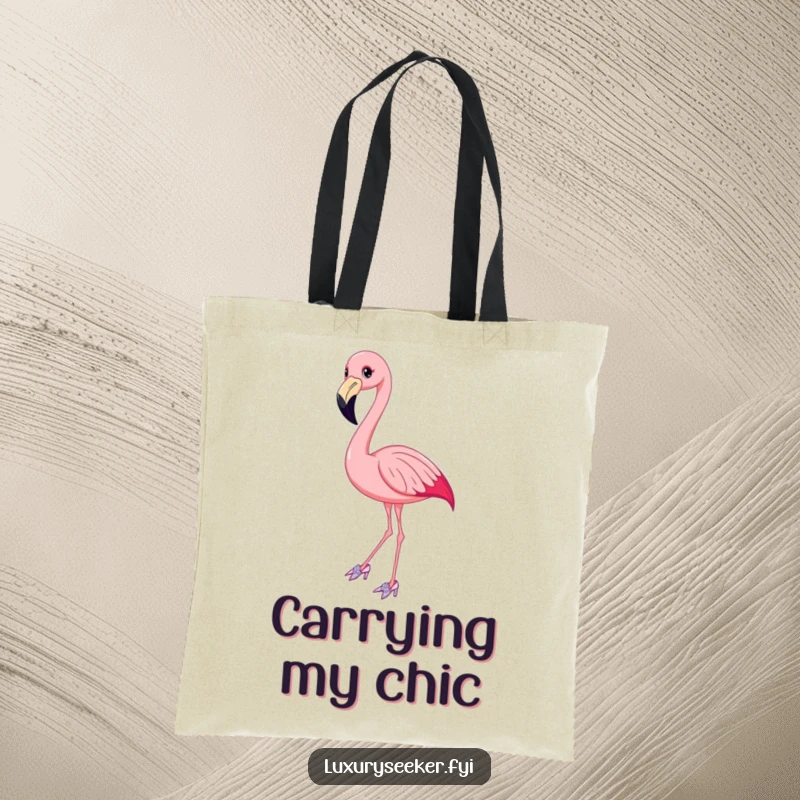 Funny Flamingo Tote Bag with a smiling bird in elegant, sparkly shoes, showcasing a graceful and humorous design.