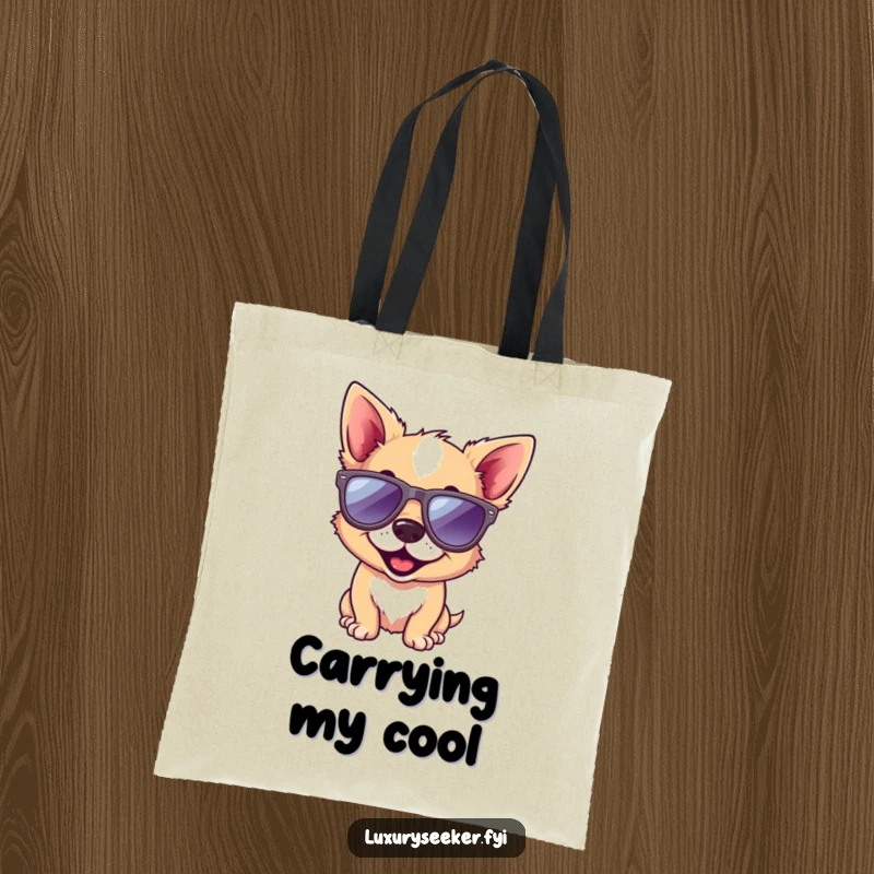 Funny dog tote bag with a playful dog wearing small designer sunglasses, perfect for shopping and daily use, adding a touch of humor.