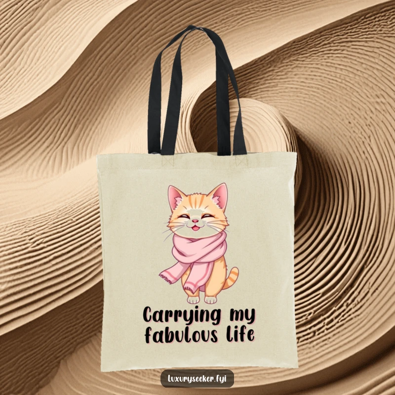 Funny tote bag with a giggling cat draped elegantly in a flowing silk scarf, ready for stylish, humorous errands.