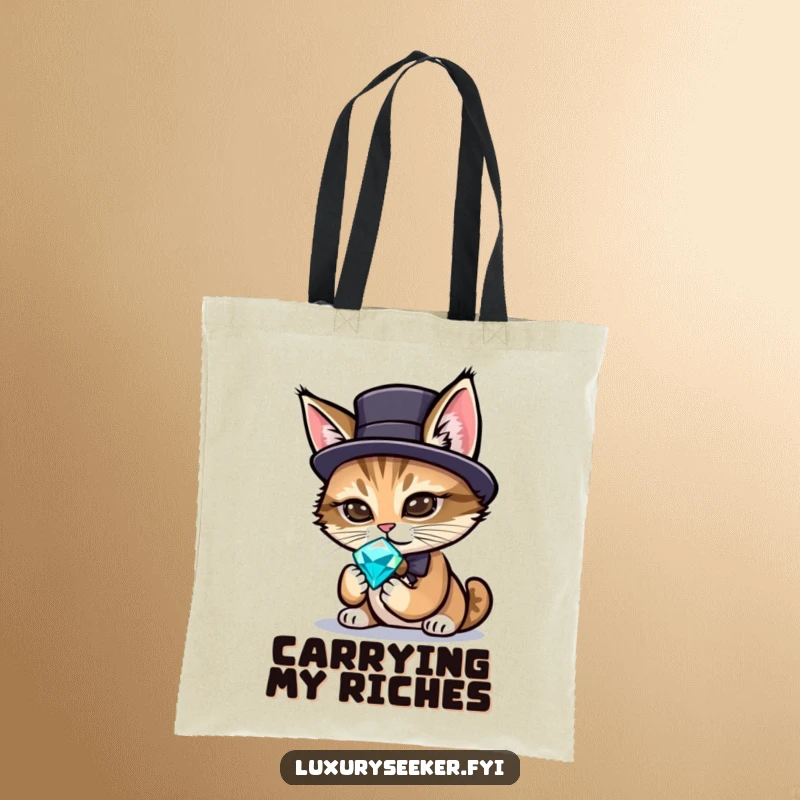Funny tote bag featuring an elegant cat wearing a small top hat, closely inspecting a brilliant, eye-catching gemstone.