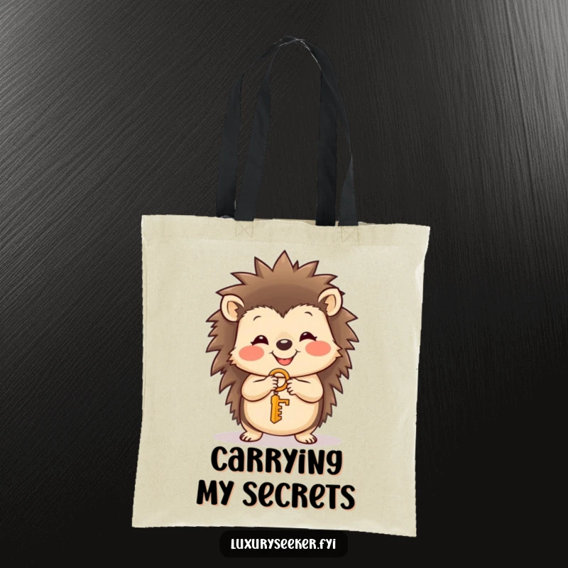 Funny hedgehog with a bright smile holding a tiny golden key on a tote bag, perfect for carrying joy, a charming funny gift.