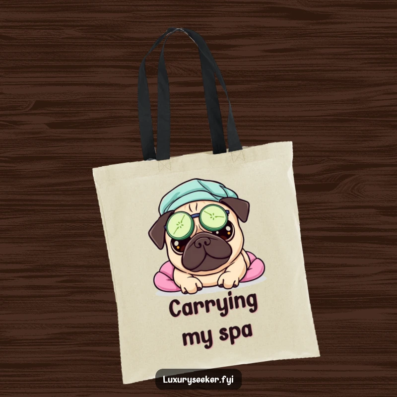 Funny tote bag with a pampered pug wearing cucumber slices on its shut eyes, embodying ultimate spa day relaxation.