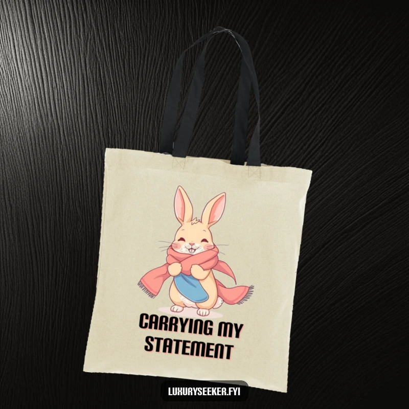 Funny Tote Bag: A delighted rabbit draped in a long, flowing silk scarf, adding a touch of class.