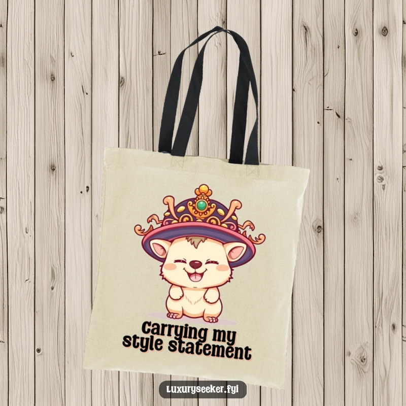 Funny tote bag with a playful creature grinning mischievously while trying on a huge, ornate hat, ideal for shopping trips.