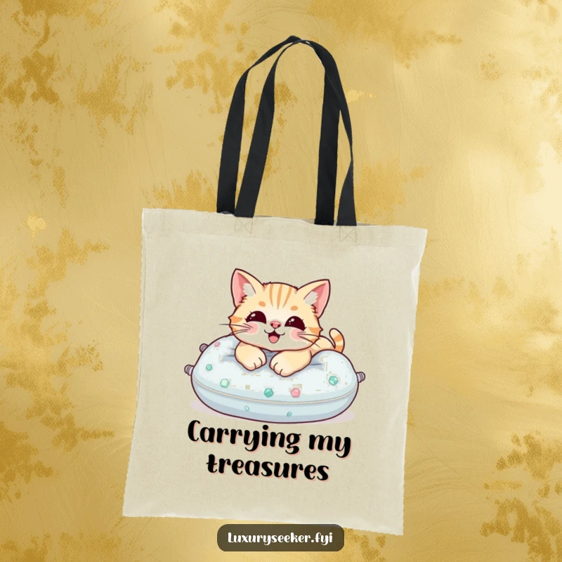 Funny Tote Bag: A content cat lounging on a luxurious pillow made of colorful, sparkling gemstones.