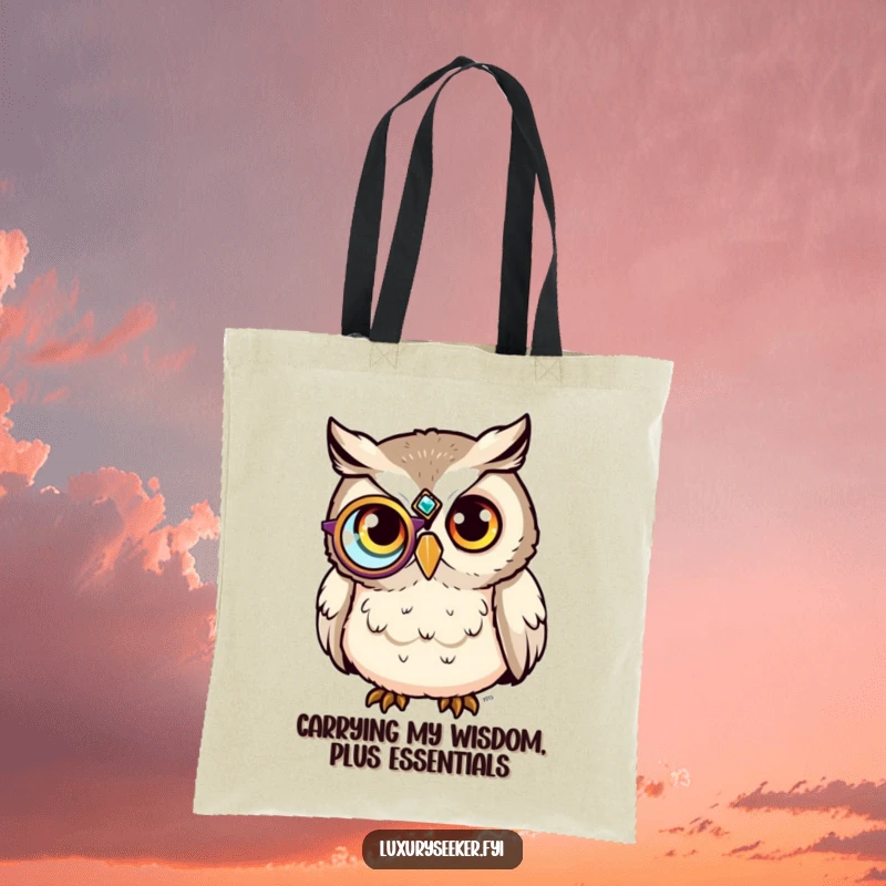 Funny Tote Bag: A content owl with a jeweled monocle offers a sophisticated and humorous carry-all.