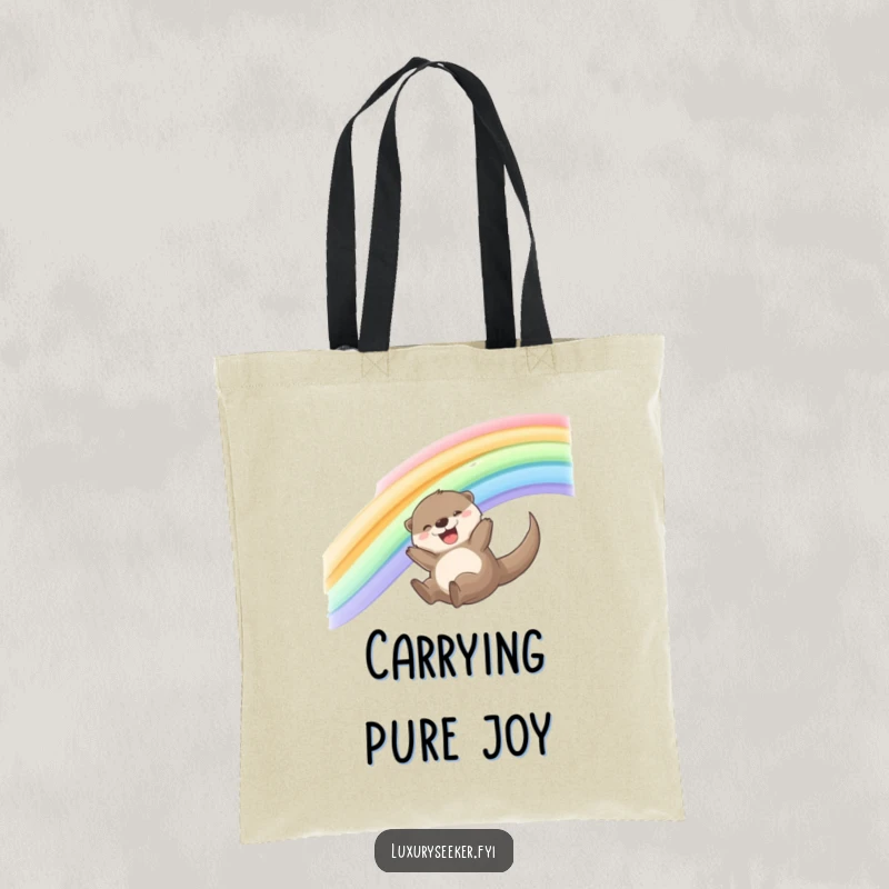 Funny Otter Tote Bag with a joyful otter sliding down a vibrant rainbow made of shimmering silk ribbons, symbolizing fun.