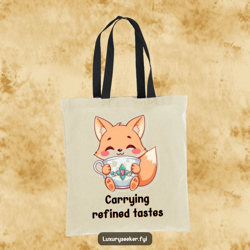 Funny tote bag featuring a joyful fox character holding a fancy, jeweled teacup with a smile, ideal for carrying essentials with foxy elegance.