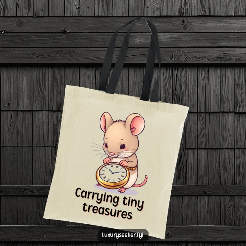Funny Mouse Tote Bag with a content mouse admiring a very small, exquisite pocket watch, perfect for stylish, humorous errands.