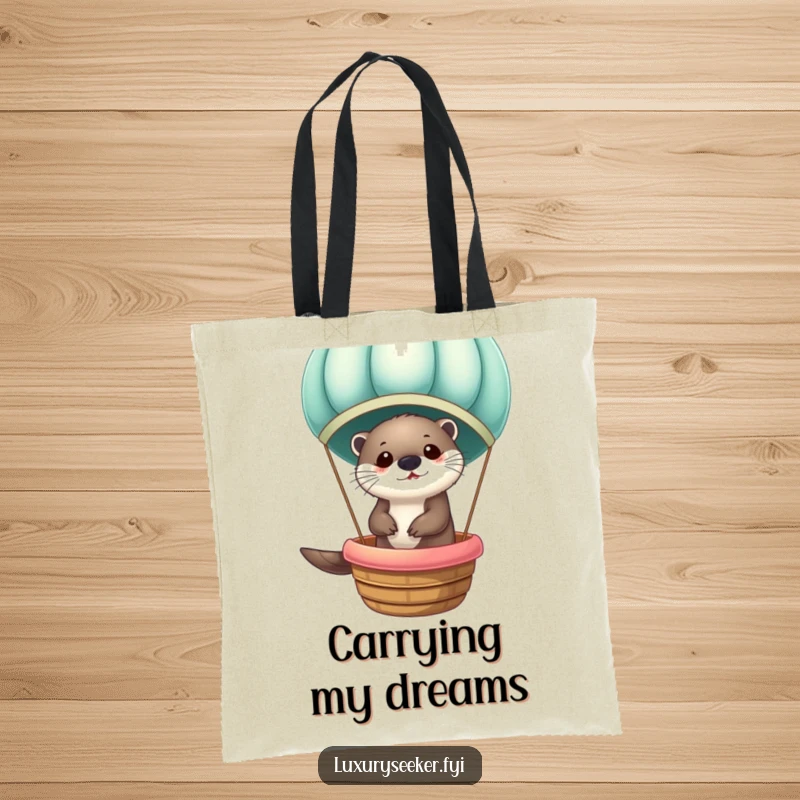 Funny Otter in Velvet Hot Air Balloon Tote Bag: Stylish tote with an otter's whimsical velvet balloon journey, great for errands.