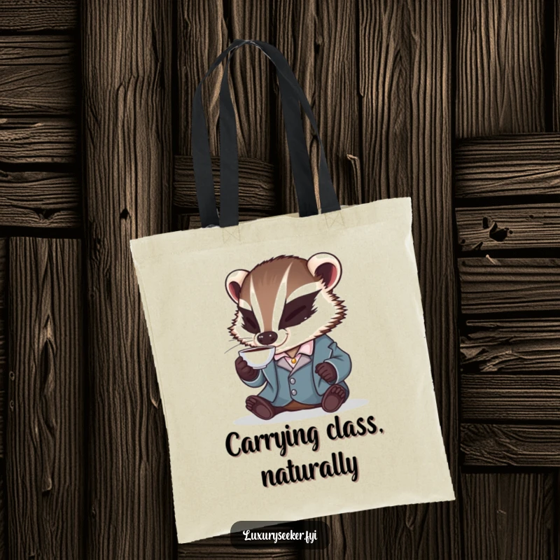 Funny tote bag featuring a badger in a silk smoking jacket, sipping a tiny teacup, offering a stylish and humorous way to carry belongings.