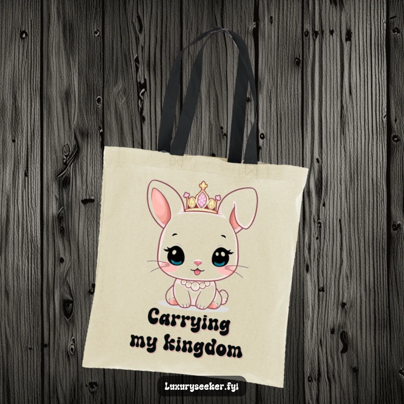 Funny tote bag featuring a cute bunny character wearing a tiny sparkling tiara and pearl necklace, ideal for carrying essentials with charm.