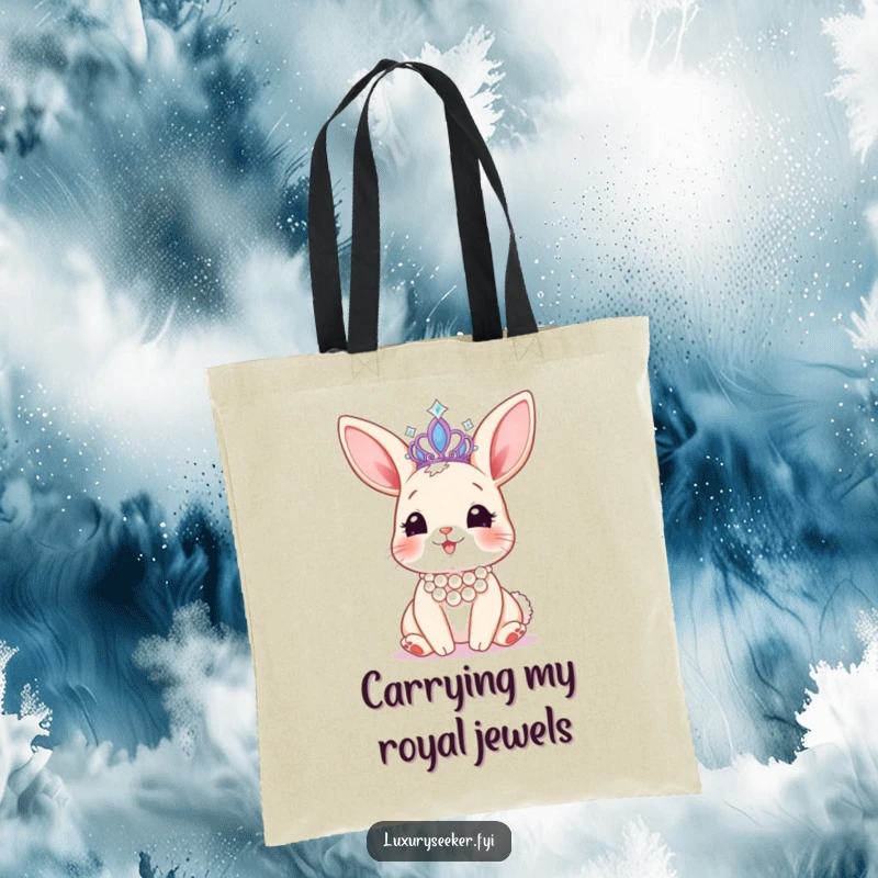 Funny tote bag with a happy bunny wearing a pearl necklace, admiring a sparkling tiara, perfect for carrying essentials with regal flair.
