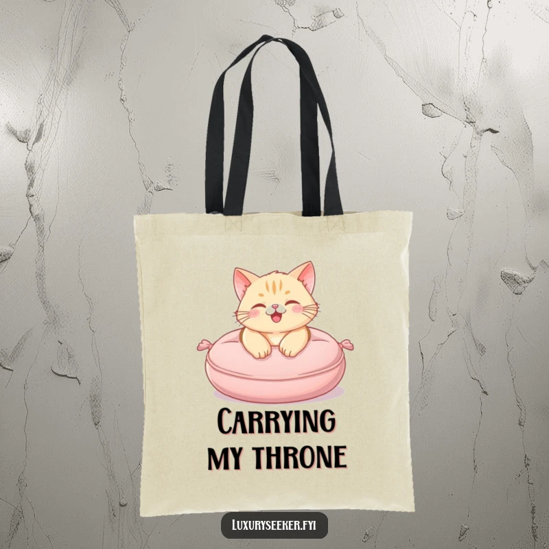 Funny Tote Bag showing a happy cat lounging on a plush, miniature velvet cushion, ideal for everyday luxury.
