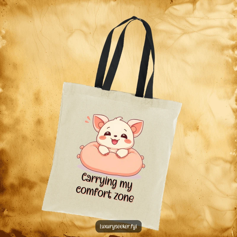 Funny tote bag depicting a creature in deep relaxation, sighing happily on a sumptuously soft velvet cushion, perfect for shopping.