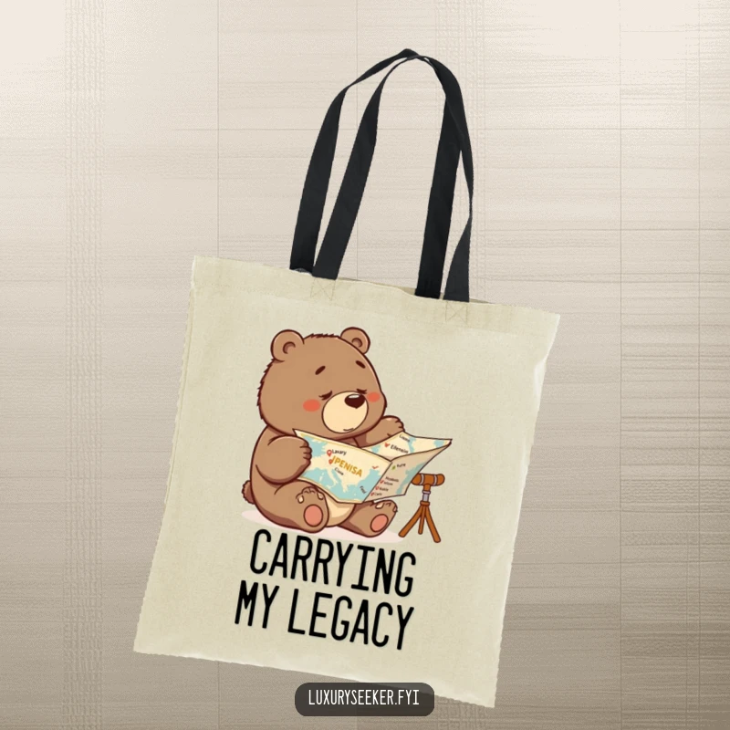Funny tote bag featuring a serious bear studying a world map with luxury destinations marked as visited, perfect for travel planning.