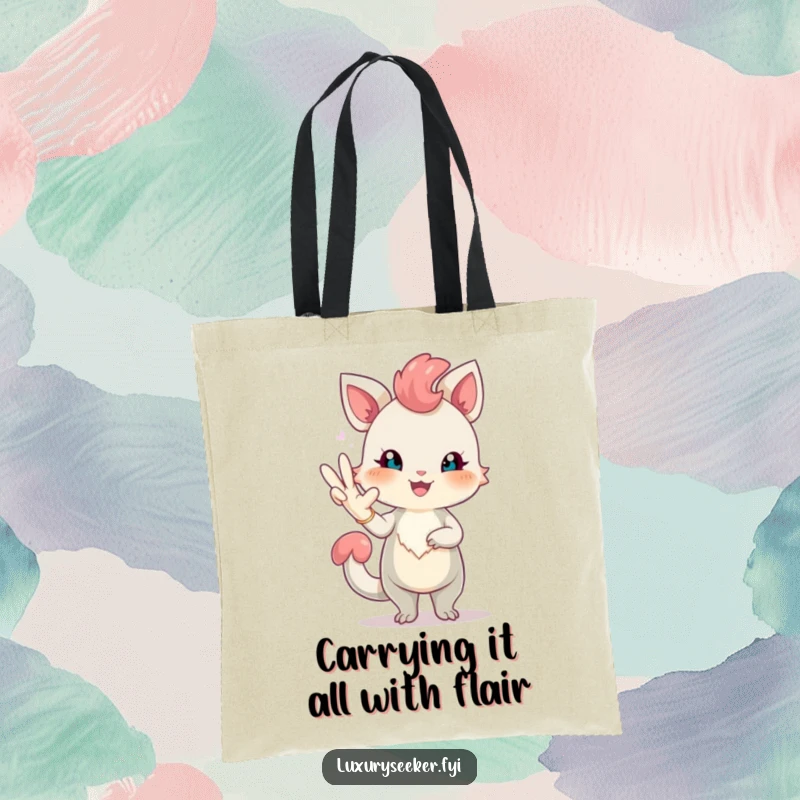 Funny tote bag showcasing a cheerful creature with rosy blush posing elegantly with a long, elegant glove, a chic and humorous accessory.