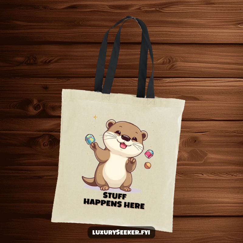 Funny otter juggling miniature objects on a tote bag, showing off its skills, a great funny gift.