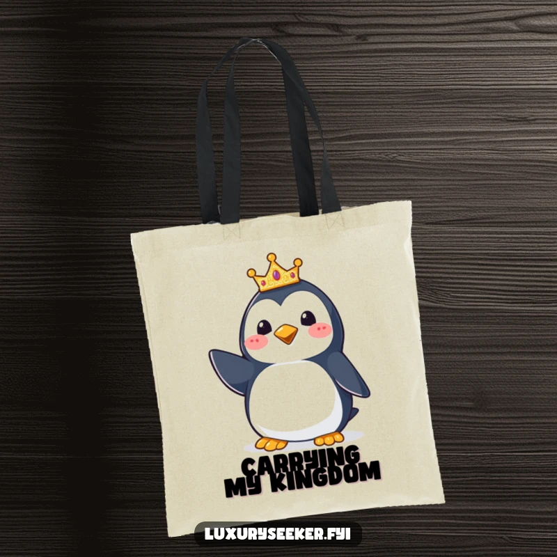 Funny Penguin Crown Tote Bag: A spacious tote featuring a happy penguin proudly wearing a small, glittering crown, perfect for carrying essentials with royal flair.