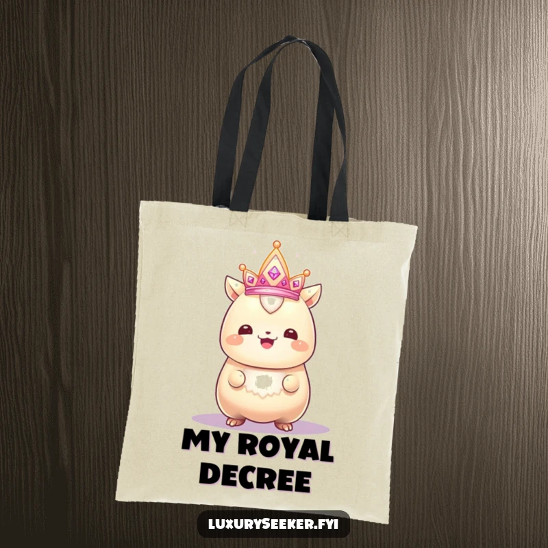 Funny tote bag showcasing a gleaming creature with a proud smile admiring a sparkling, tiny crown, a humorous and regal accessory.