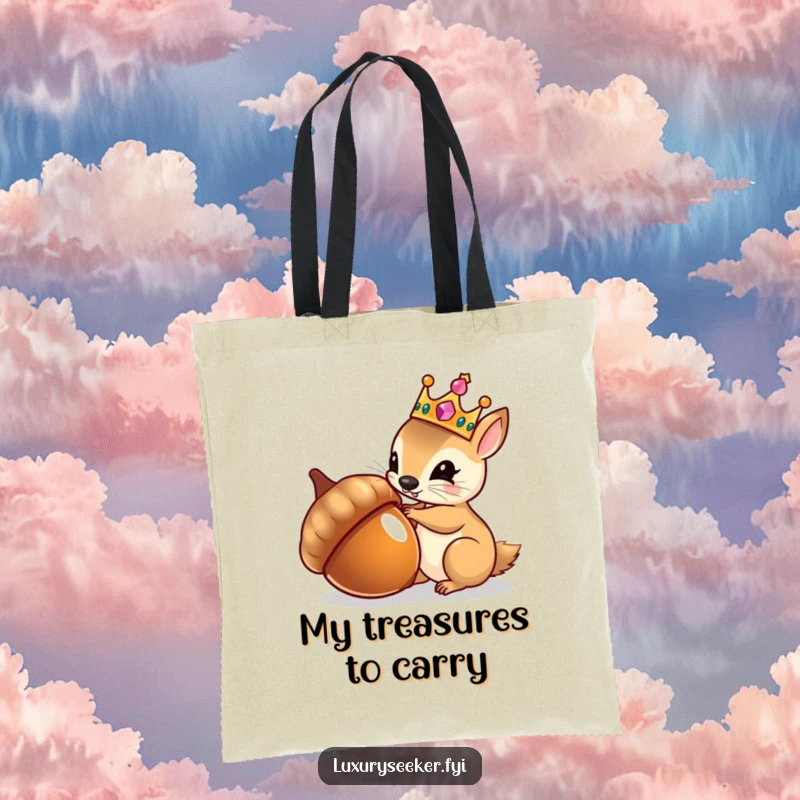 Funny tote bag showing a tiny squirrel in a jeweled crown admiring its reflection in a polished acorn, perfect for carrying items.