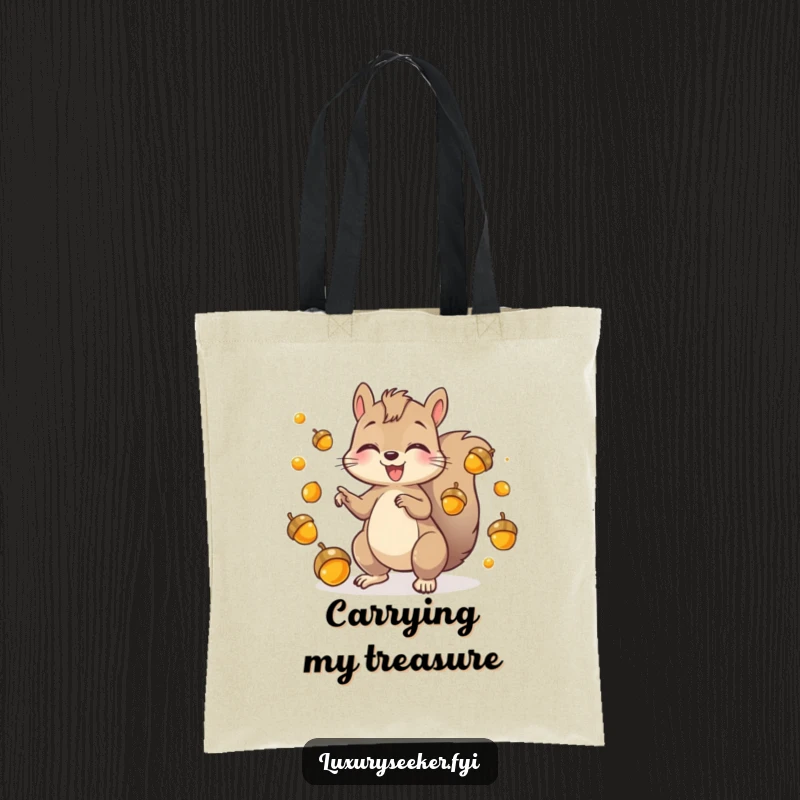 Funny Tote Bag showcasing a playful squirrel character juggling shiny golden acorns, ideal for carrying items with a humorous, energetic vibe.