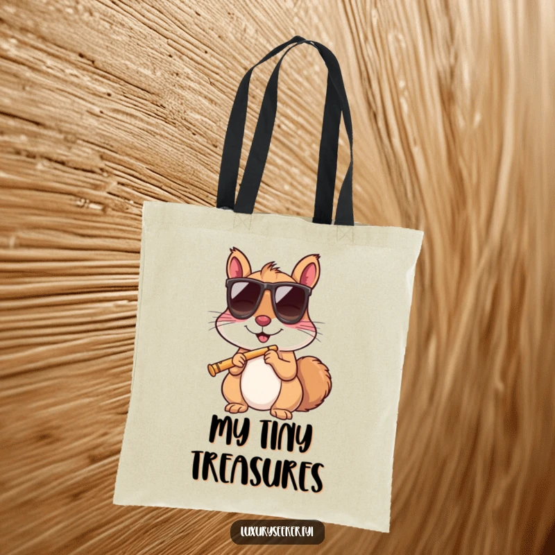 Funny squirrel sporting sunglasses and sipping from a tiny flute on a durable, stylish tote bag.