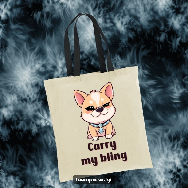 Funny Tote Bag: A giggling dog with a diamond collar winks slyly, a stylish and humorous accessory for carrying your daily essentials.