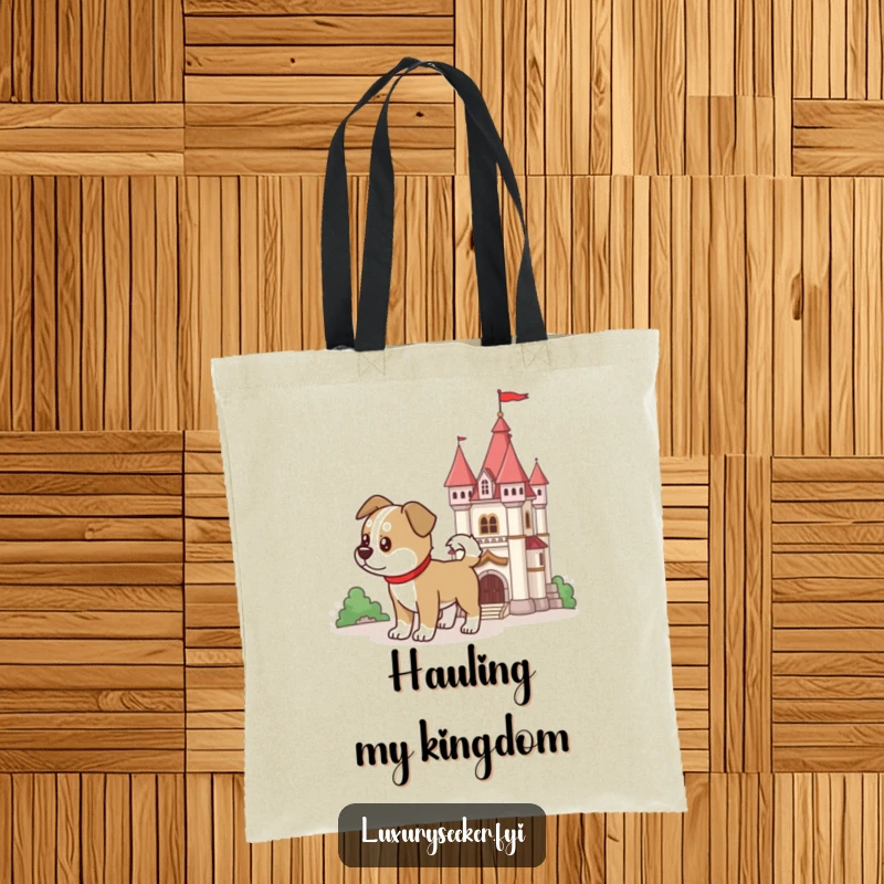 Funny dog guarding a miniature castle on a tote bag, showing loyalty and duty, a funny gift.