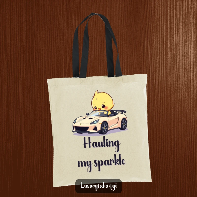 Funny tote bag showing a sweet chick humorously polishing a tiny, gleaming sports car, perfect for carrying essentials with charm.