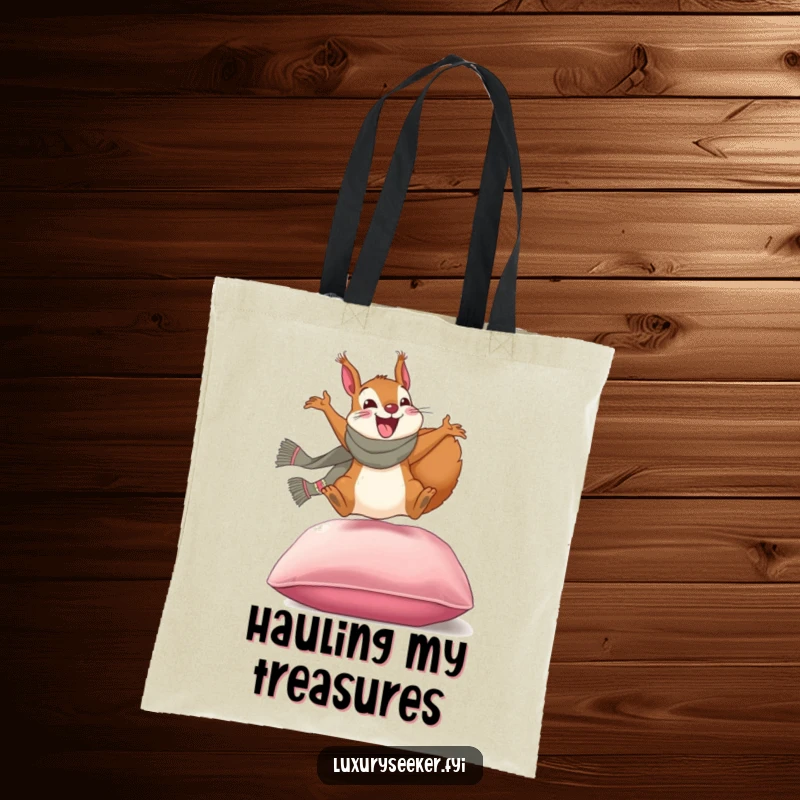 Funny tote bag: A happy squirrel in a designer scarf jumping onto a plush velvet cushion, great for stylish shopping.