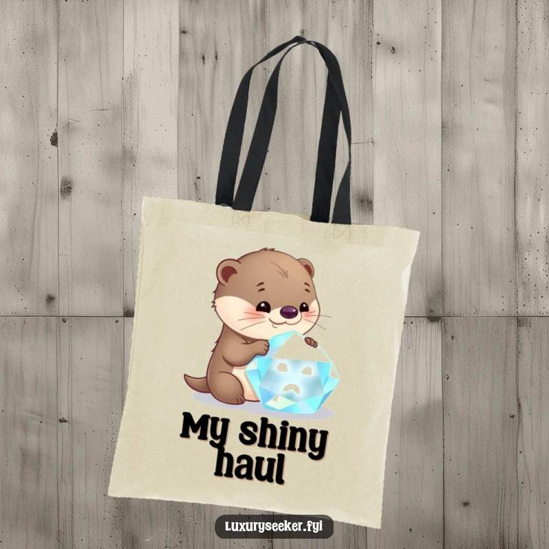 Funny otter tote bag featuring a curious character examining a large, radiant gemstone with absolute glee and fascination.