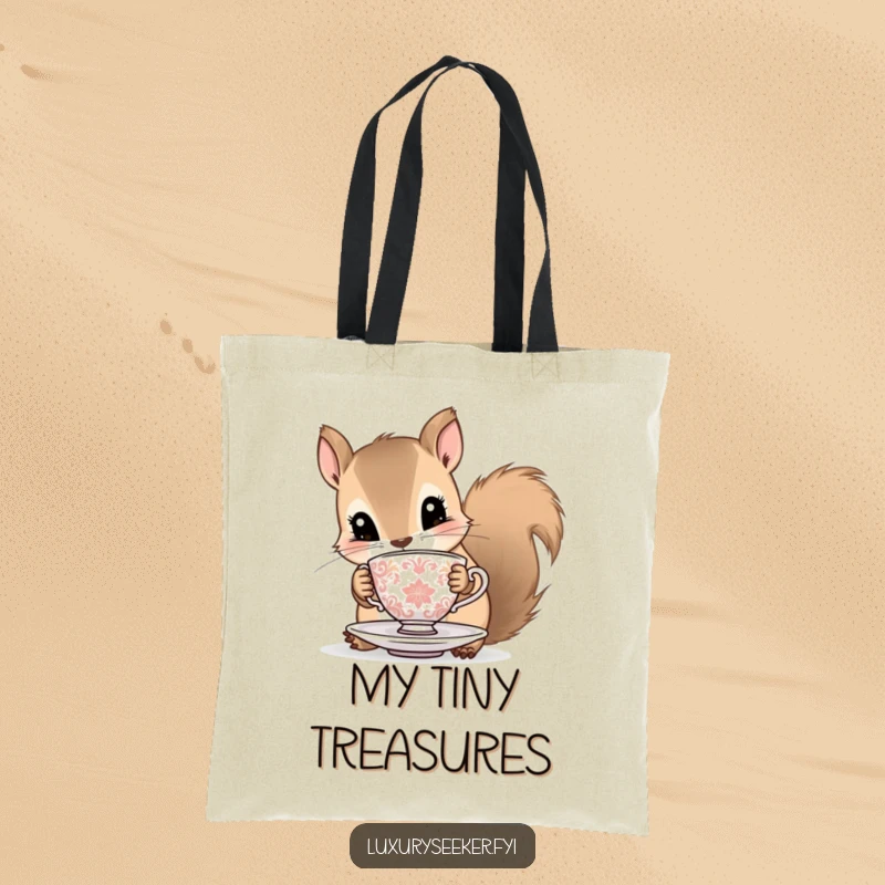 Funny squirrel tote bag with a curious squirrel holding a tiny ornate teacup and saucer, perfect for shopping and daily use.